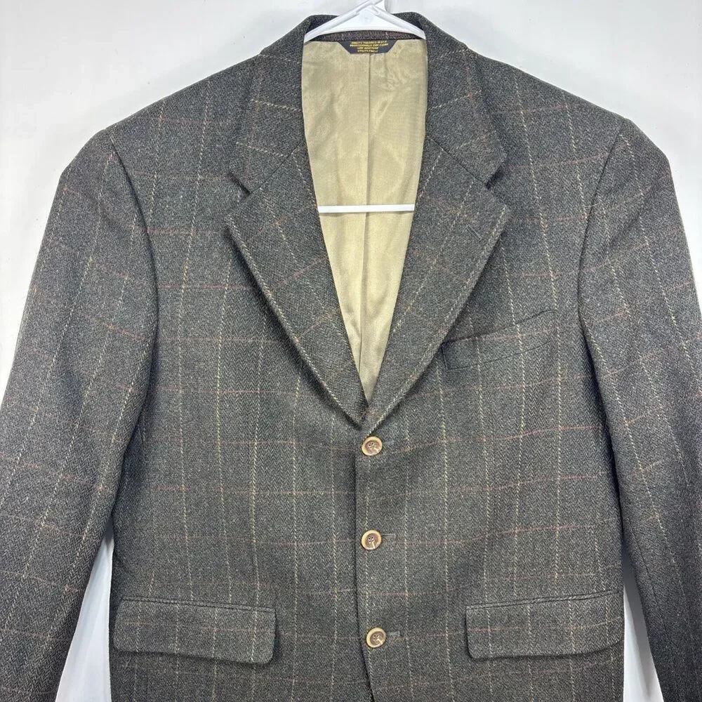 Palm Beach Plaid Tweed Blazer Mens 46 Brown 100% Wool Sport Coat‎ Vintage
